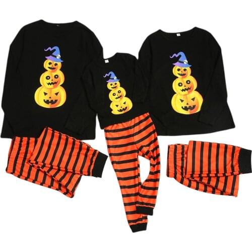 Halloween Parent-child Clothes Outfits Black Long Sleeve Pumpkin Printed Top + Orange Stripe Long Pants Men Women Kids