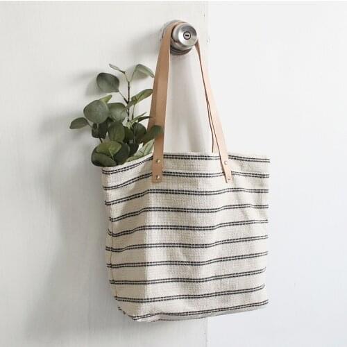 Original Design Handmade Striped cotton burlap Canvas Tote Womens Handbag Purse Shoulder bag Linen Totes Leather Straps