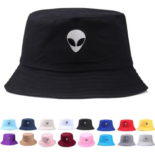 Embroidered Bucket Hat Alien Woman Korean Summer Harajuku Fisherman Fishing Sun Hats for Women Hip-hop Alien Foldable Bucket