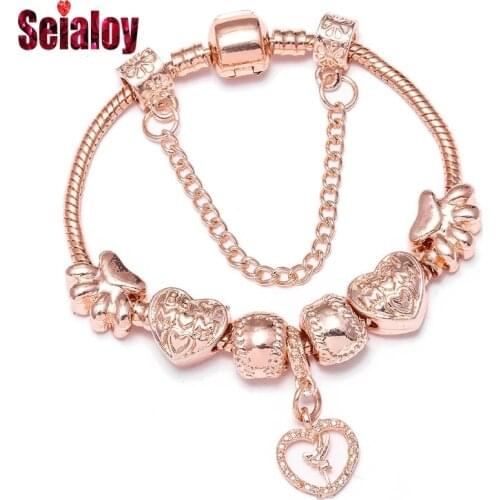 Seialoy Rose Gold Baseball Gloves Beads Bracelets For Women Snake Chain Heart Charm Bracelets Bangles DIY Crystal Jewelry Gift