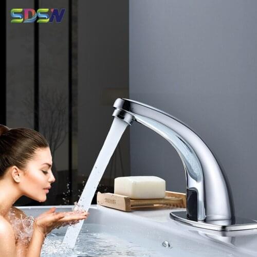 Sensor Bathroom Faucets SDSN Polished Chrome Sensitive Bathtub Faucet Deck Mounted Cold Mixer Tap Brass Sensor Basin Faucets