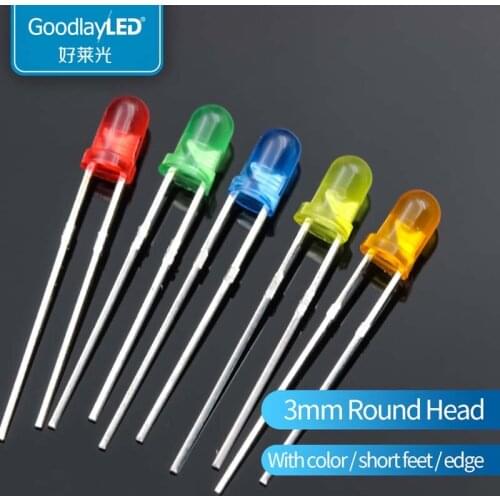 LED light-emitting diode 3mm Round Head with short legs with color white light red blue green yellow directly inserted