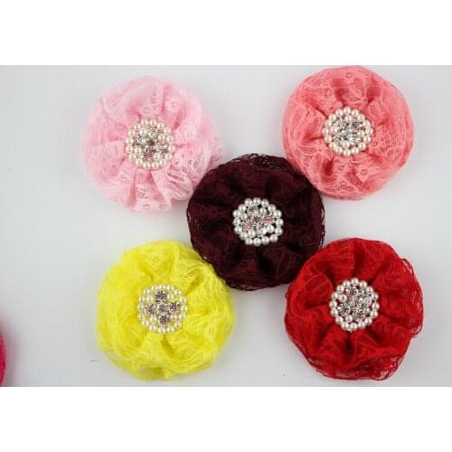 Vintage pearl and rhinestone Soft Artificial lace Fabric Flowers For Headbands Chic Hair Flowers For Children Accessories