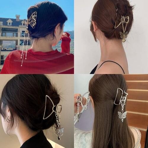 Simple Butterfly Chain Tassel Women Hair Claw Fashion Gold Silver Hair Clips for Women Metal Hair Accessories Crab Clip