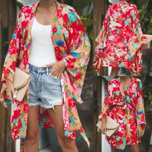 Womens Long Sleeve Floral Casual Coat Loose Blouse kimono Long Zip-up Sashes Coat Chiffon Female Coats Printing Costume S-XL