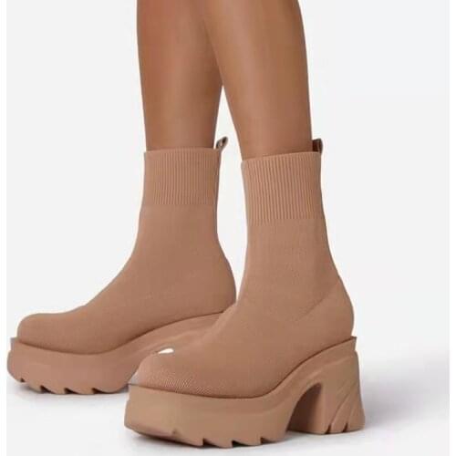 Women Short Boots Female Sock Cotton Fabric 2021 Fashion Chunky Heel Casual Shoes Black Elastic Boots Ladies Platform Shoe
