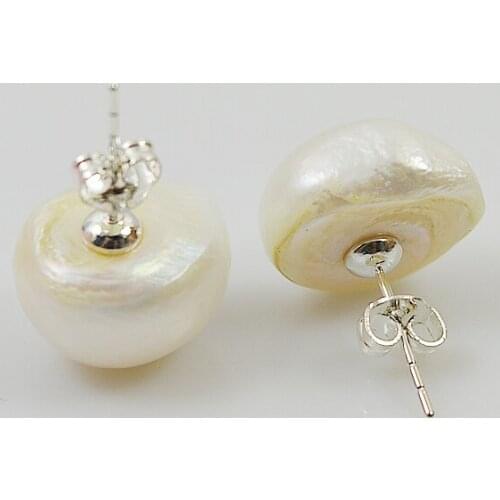Real Baroque Pearl Stud Earrings S925 Sterling Silvers White Freshwater Pearl 15-16mm Big Pearl Earrings Charming Women Gift