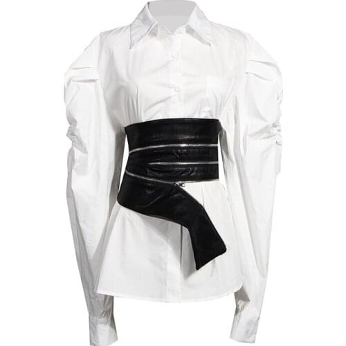 SeeBeautiful Irregular Denim Vest Lapel Puff Sleeve Single Breasted Loose Shirt Two Pieces Woman Spring 2021 New Fashion T299