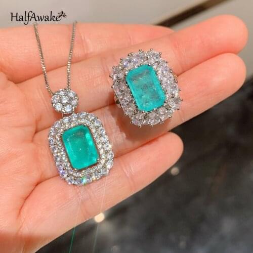 Vintage Paraiba Tourmaline Neck Pendant White Gold Filled Retro Chain Necklace For Women Friends Gift Girl Choker Jewelry Sets