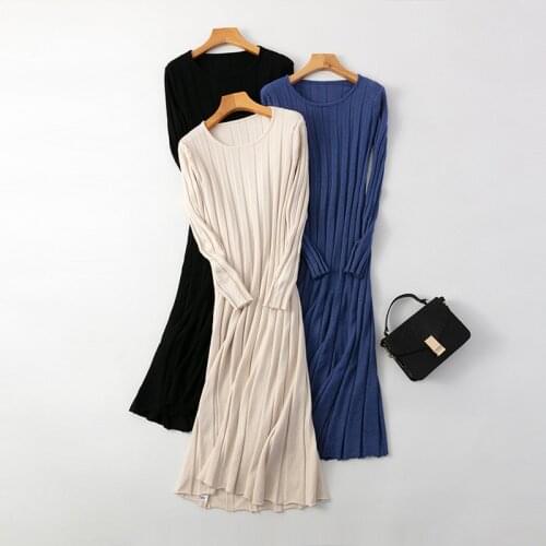 Women Autumn Winter Pleated Sweater Dress Thick Warm O Neck Basic Korean Style Pullover Knitted Long Dress for Female