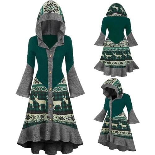 Plus Size Christmas Elk Hooded Dress For Women High Low Flounce Hem Knitted Dress Vintage Long Sleeve Warm Robes Vestidos Mujer