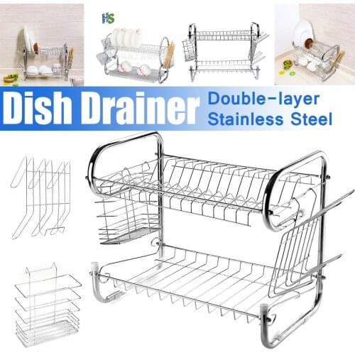 2 Tier Multi-use Stainless Steel Dishes Rack Sink Drain Rack Adjustable Kitchen Organizer Rack Dish Shelf Sink Drying Rack
