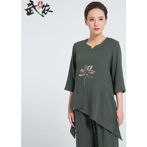 2018 Linen Kung Fu Clothes Hand Painted Tai Chi Clothing Women Uniform Include Top And Pants Wushu Uniforms