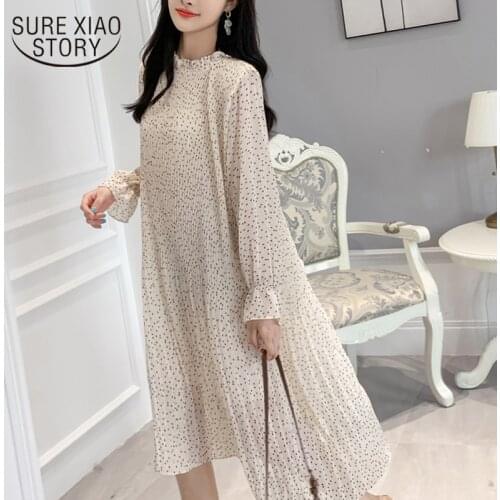 2019 Floral Dress Loose Pleated Party Dresses Mid-calf Chiffon Dress Long Sleeve Dress Women Dresses Autumn and Winter 7151 50