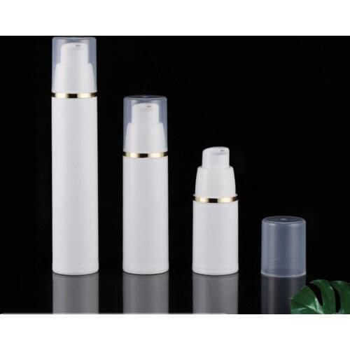50ml white airless vacuum pump plastic bottle gold rim lotion emulsion eye serum essence foundation cosmetic packing