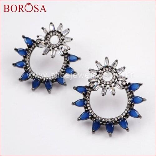 BOROSA 5pairs Drusy Stud Earrings,Black Color CZ Micro Pave White Zircon Crystal Gem Earrings Jewelry for Women Gifts WX800