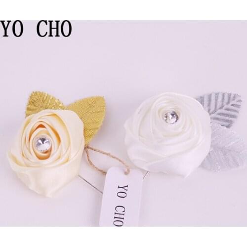 YO CHO 2018 New Ivory White Rose Diamond Wedding Corsages Boutonniere Groom Bridal Bestman Corsage Wedding Flowers Brooch Pin