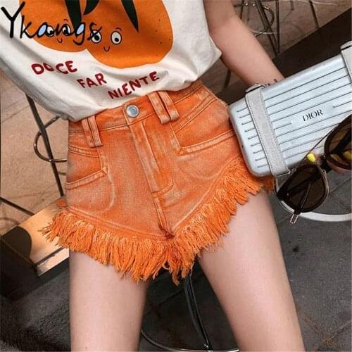 Orange Tassel Patchwork Mid Waist Pockets Denim Shorts Sexy Gothic High Street Women Short Jeans Harajuku Wild Summer Clothing