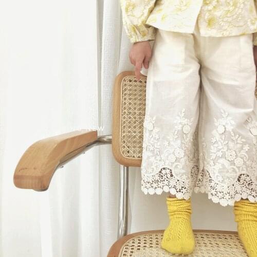 Cotton Linen Girls Lace Pants Summer Casual Wide Leg Kids Pants Breathable Toddler Legging Children Trousers Beach Playing Cloth