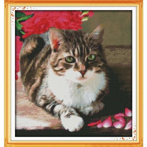Lovely cat cross stitch kit 14ct 11ct pre stamped canvas cross stitching animal lover embroidery DIY handmade needlework