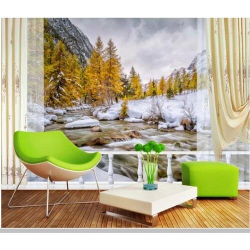 Papel de parede snow mountain river trees oil painting 3d wallpaper,living room tv wall bedroom wall papers home decor mural