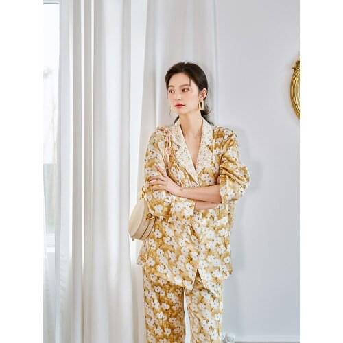 Original printed high-quality ice silk womens pajamas 2021 new palace baroque two-piece sleepwear pajama set