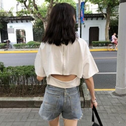 QRWR T Shirts Women 2021 Korean Fashion Short Cute Solid Backless Top Casual Short Sleeve Summer Zipper T Shirt For Girls