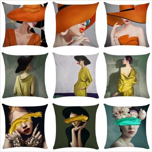 Nordic pillowcase Art High-end pillowcases orange sofa cushion pillow case Lumbar pillow Mature beauty character portrait print