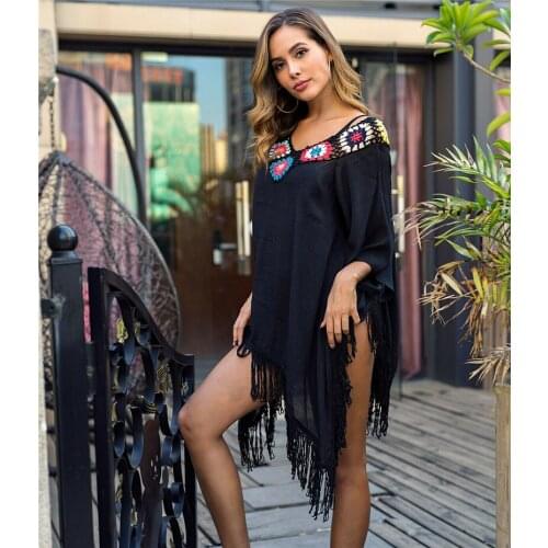 Sexy V Neck Women Bikini Cover Up Dress Ladies Long Sleeve Tassel Beachwear Geometric Printed Bathing Suit Beachwear Sundress