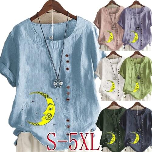 2021 Summer Womens Fashion Moon Printed Short Sleeve Round Neck Blouse Ladies Linen Button Tops Loose T-shirts S-5XL Plus Size