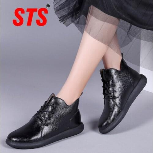 STS Womens Winter Snow Boots With Fur Keep Warm Short Ankle Boots Leather Fashion Shoes Outdoor Flats Casual Footwear Plus Size