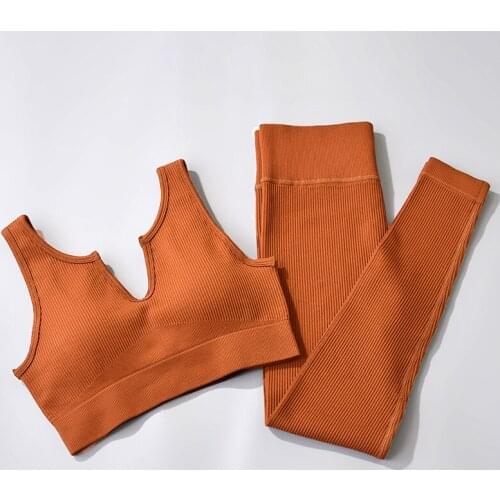 Seamless Women Yoga Suit Gym Fitness Clothing Yoga Set Sportswear Female Workout Ribbed Leggings Sports Bra Set Training Tights