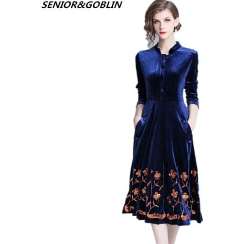 New Arrival 2019 High Quality Spring Plus Size Luxury Runway Gold Sequin Dress Women Elegant Long Sleeve Embroidery Velvet Dress