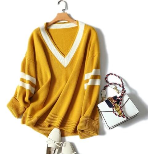 Winter fashion new styles 100% cashmere striped sweater women loose orversized v neck pullovers