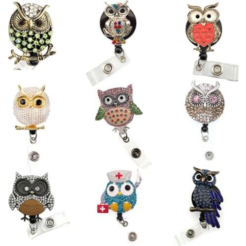 20pcs/lot New Design 9 styles Rhinestone Animal Owl Shape ID Card Holder Retractable Nurse Badge Reel With Clip