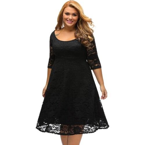 5XL Plus Size Dress Women A Line High Waist White Lace Dress Clubwear Floral O-Neck V Zipper Back Party Dresses female vestidos