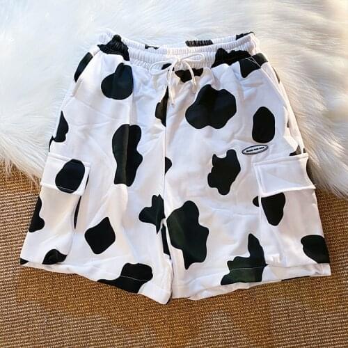 Vintage Cow Print Pockets Knee Length Cargo Pants Women 2021 Summer Loose Elastic Waist Teens Students Kawaii Bottoms Clothes