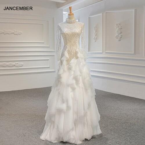 J67115 Jancember Wedding Dress 2021 Sequined A-Line Beading Lace Up High-Neck Lace Up Back Long Sleeve