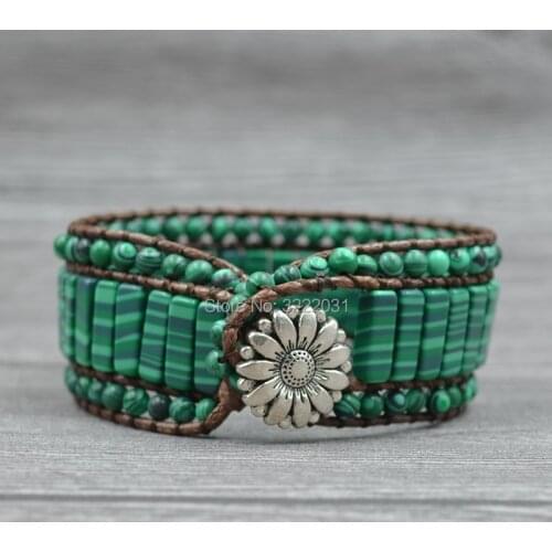 Fashion Bracelets Tube Synthetic Malachite Stones Single Leather Wrap Bracelet Beaded Couples Bracelet Best friend Gifts Wide