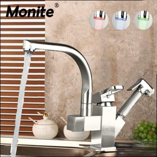 Monite Brushed Nickel Pull Out Down Swivel Cover Plate Hose Deck Kitchen Sink Faucet Faucets Mixer Tap