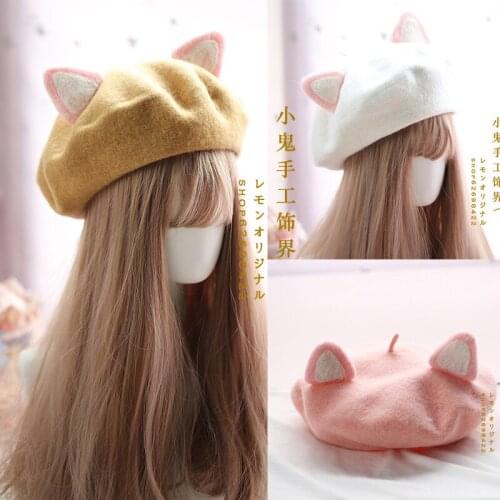 Soft sister bud hat Japanese cute cartoon cat ear cap wool soft cute cat ears beret