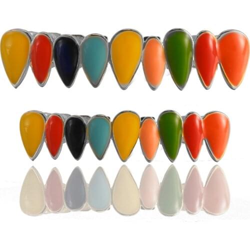 6ix9ine Rainbow Hip Hop Colorful 69 Oil Gold Dent Teeth Grillz Top and Bottom Set With Free Silicone Box Caps Packing Tusk Tooth