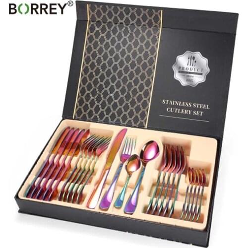 BORREY 24Pcs Stainless Steel Flatware Set Rose Gold Flatware Gold Cutlery Dinner Set Tableware Western Dinner Set Dinnerware