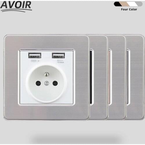 Avoir Wall Socket With Dual USB Port 2.1A French Standard Electrical Outlets Stainless Steel Panel Power Socket Plug 16A 86 Type