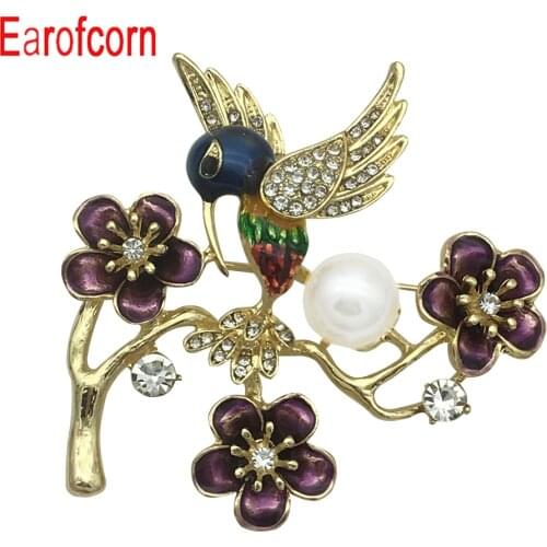 Earofcorn New Drip Oil Enameled Rhinestone Alloy Plum Magpie Forest Small Bird Pearl Brooches Clothing Accessories