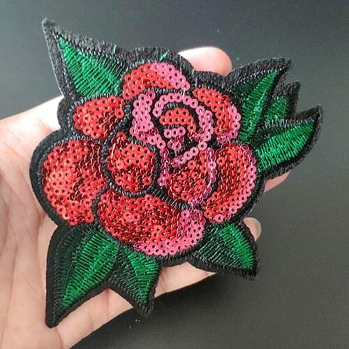 85MM Rose Iron On Patches For Clothing Red Sequins Biker Badge Embroidery Fabric Sequined Patch Clothes Stickers Christmas Gift