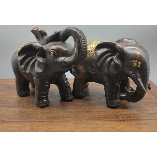 Collectable Chinese Red copper Gilding pure brass Carved animal elephant Exquisite Statues a pair