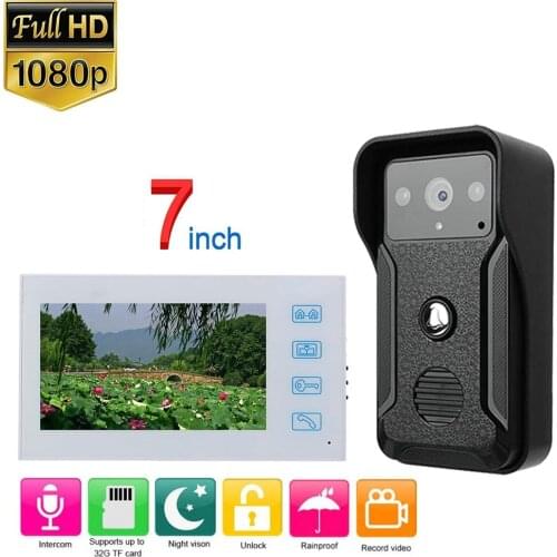 White Video Intercom System Kit 7 inch Wired Video Door Phone Record Doorbell Intercom System with AHD 1080P Camera