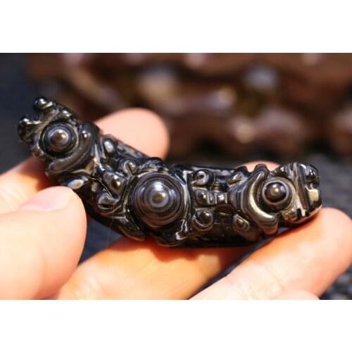 Big Treasure Talisman Energy!!! Mysterious Tibetan Onyx 2 Dragon Head OM Words Heaven Eye Pendant Carving Timestown