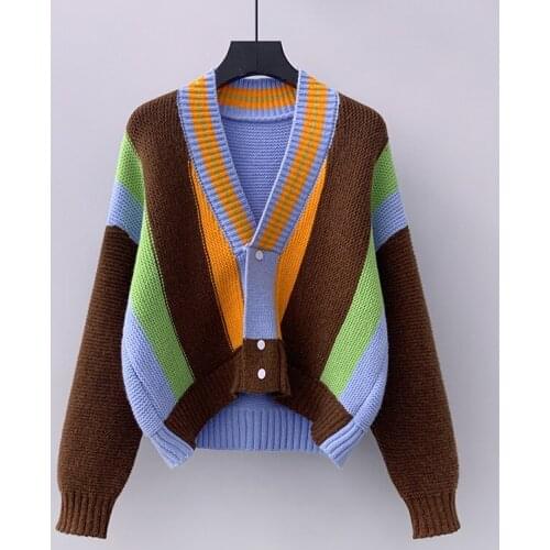 Korobov Vintage Hit Color Patchwork Harajuku Streetwear Knitted Cardigans Autumn Winter Long Sleeve Cardigans V Neck Sweater